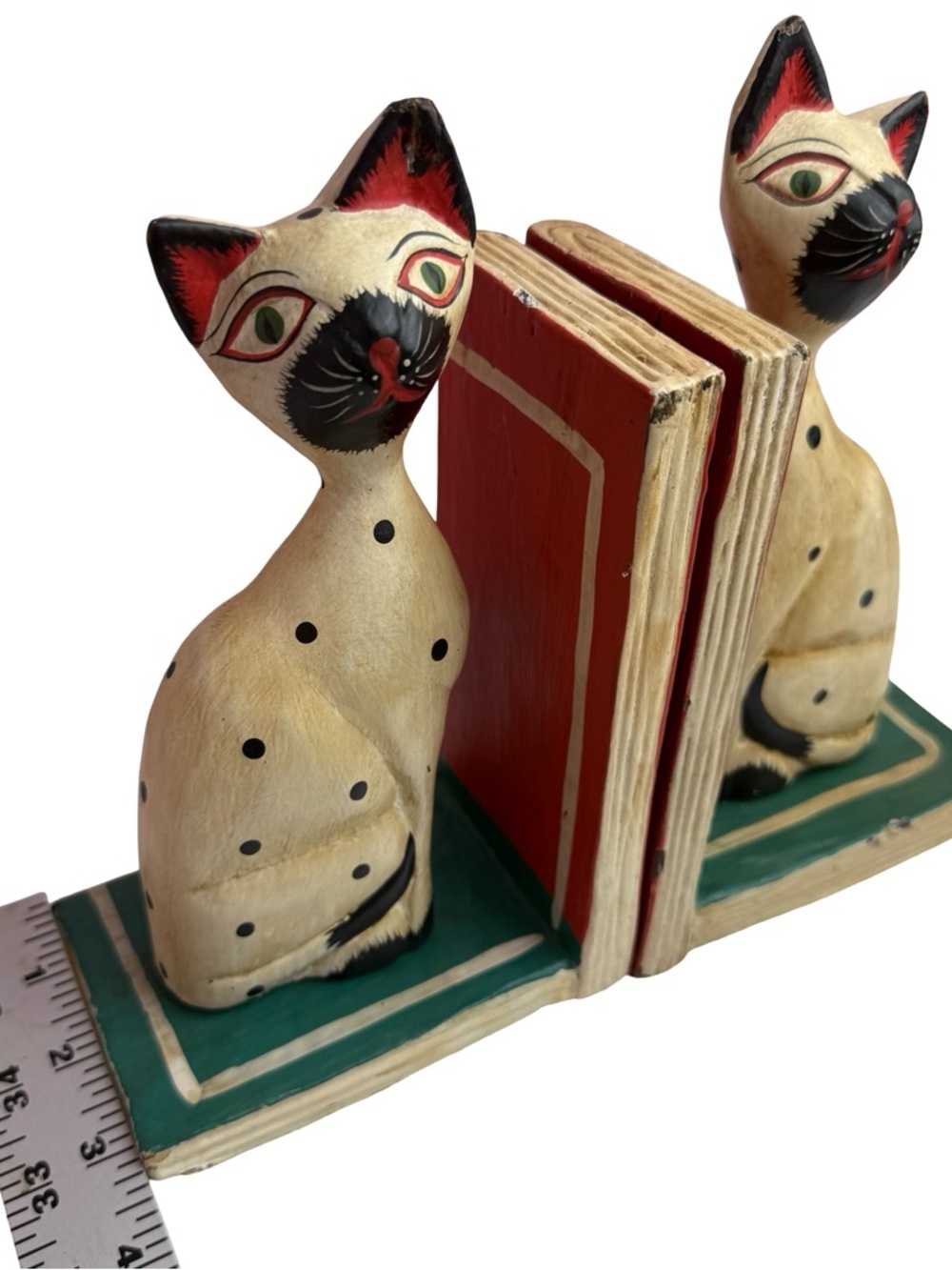 Cat Bookends VTG Set Of 2 Wooden Handmade Sitting Pair Folk Art Handpainted Cats - Picture 12 of 14